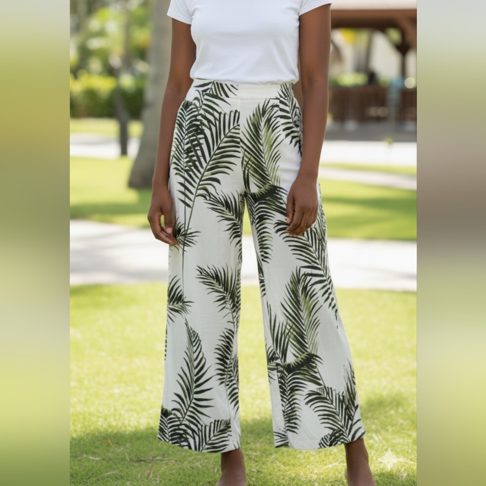 H&M Leaf Print Pants -  Green on Cream.